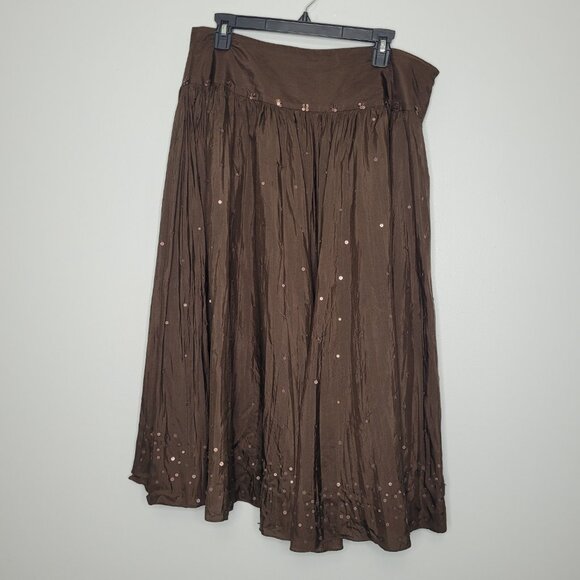 Vintage y2k 90s Laura Ashley brown silk sequins full midi skirt size 14p FLAW - Picture 1 of 9
